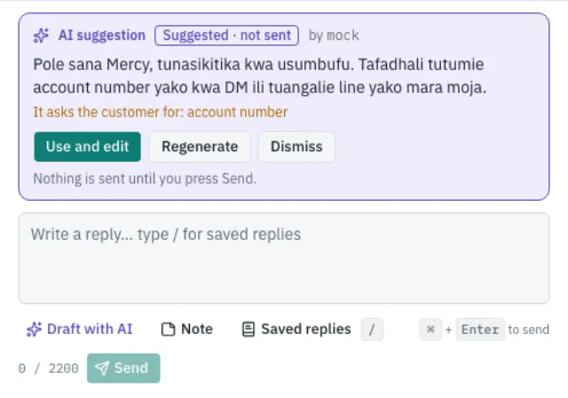 An AI suggestion card above the reply box, labelled “Suggested · not sent”, with Use and edit, Regenerate and Dismiss