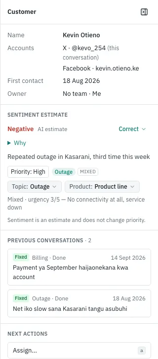 The customer panel: linked accounts, the sentiment estimate with Why and Correct, topic and product line